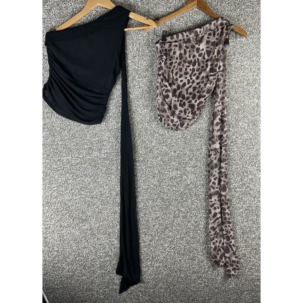 Lot of 2 One Shoulder Shoulder Stretch Top Long Scarf Black Leopard Sz Small